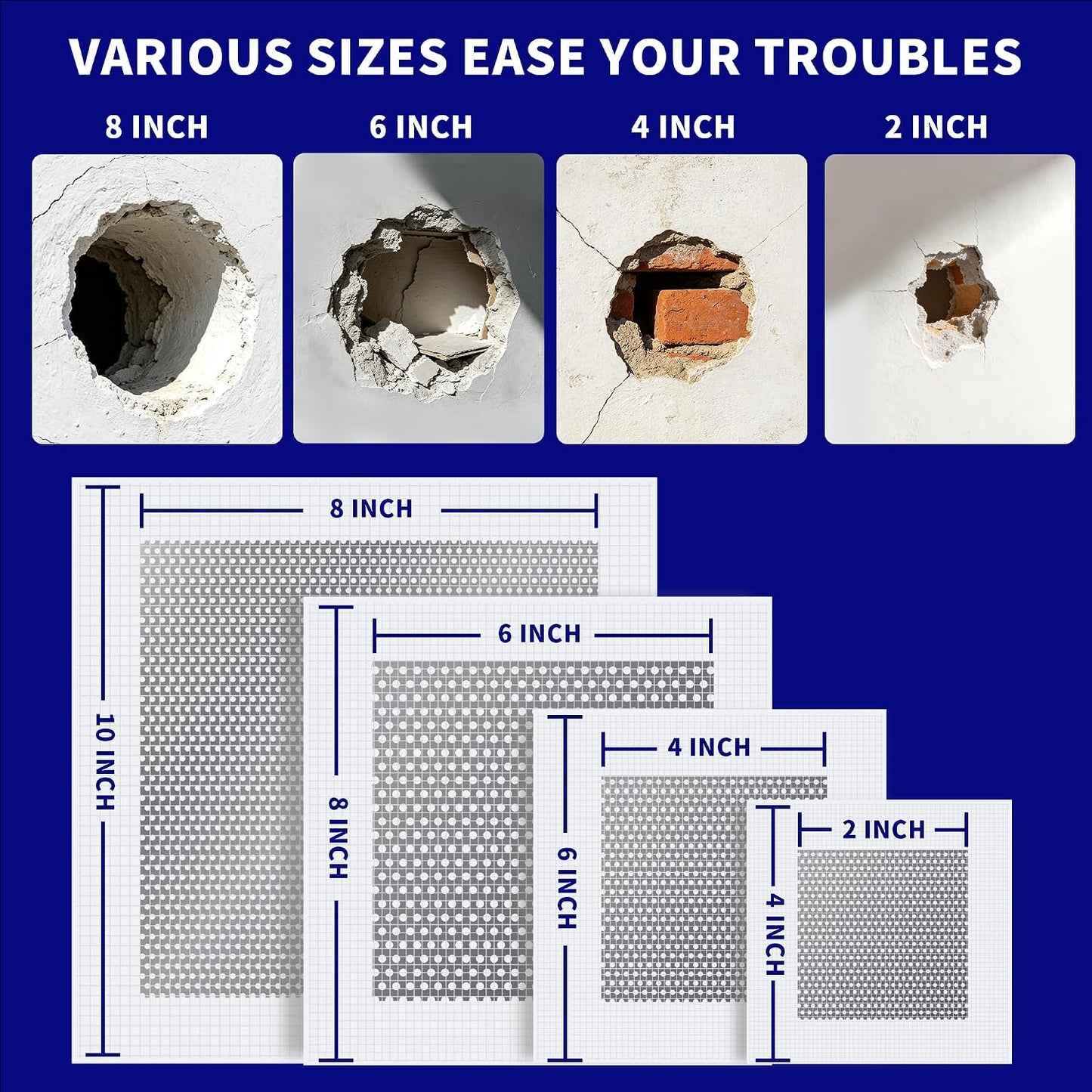 Drywall Repair Patch Kit, 13 Pcs Self-Adhesive Aluminum Wall Hole Repair Patches for Wall, Ceiling, Sheetrock, Plaster, 2/4/6/8 Inch Drywall Patch Kit with Scraper & Sandpaper