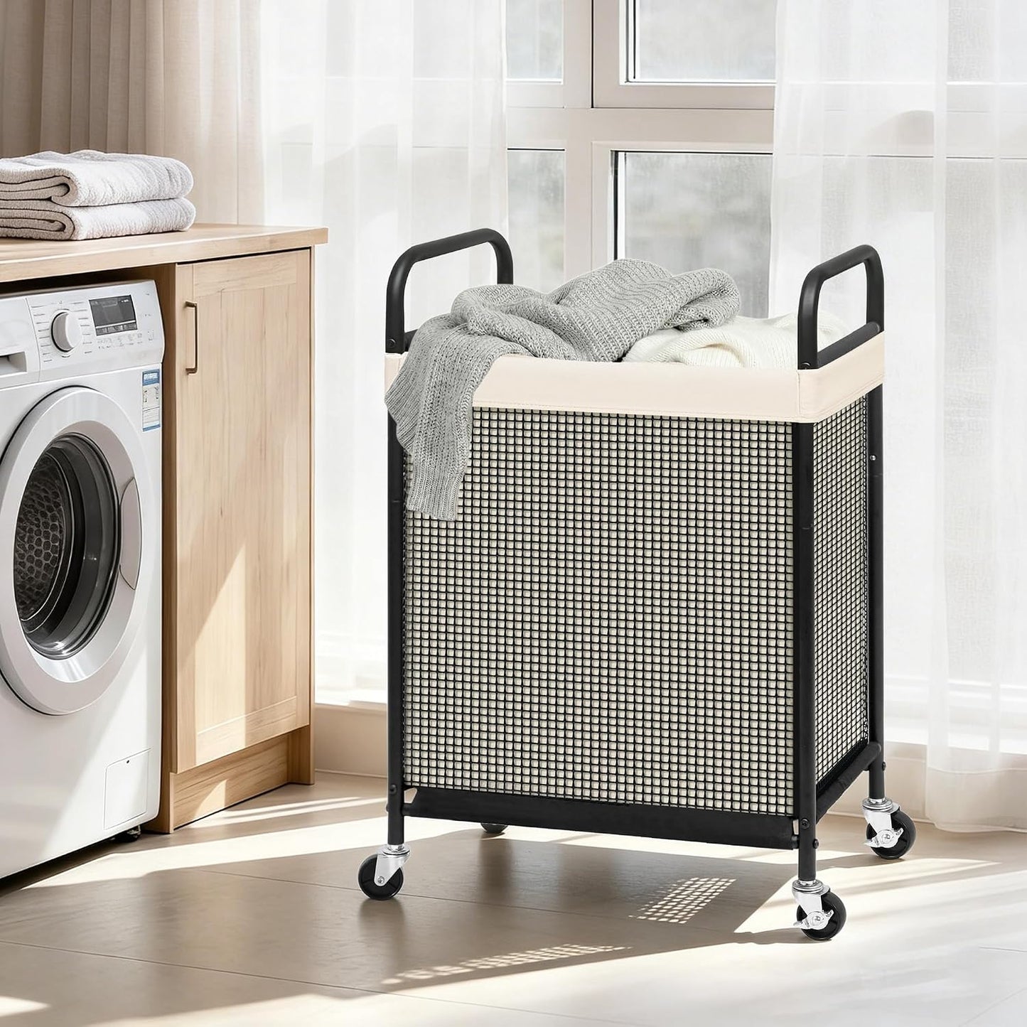 STORAGE MANIAC Rolling Laundry Hamper with Wheels 2-Section Laundry Sorter Rolling Laundrys Basket on Wheels with Removable Bag Clothes Hamper Laundrys Organizer Cart Bathroom Bedroom 100L Beige