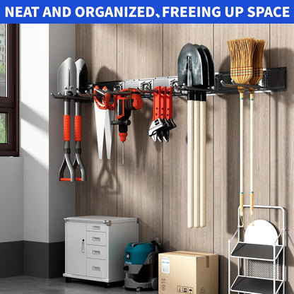 Garage Tool Organizer Wall Mount, 48 Inch Heavy Duty Garden Tool Organizer Storage System, Easy Install with 6 Adjustable Straight Hooks, for Garage, Basement, Shed, Workshop, Black, Steel
