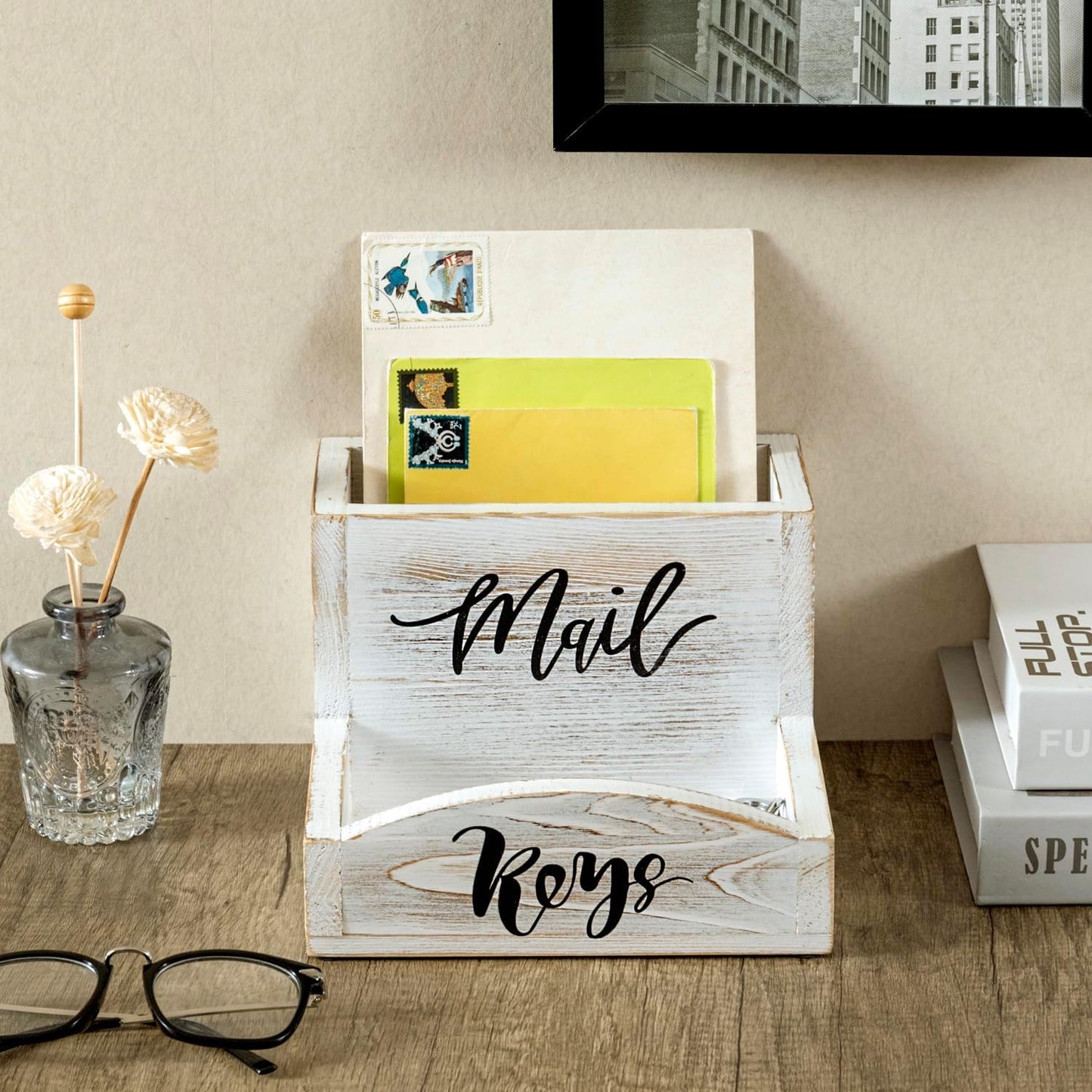 MyGift Whitewashed Wood Mail & Key Holder, Rustic Entryway Organizer | Shabby white wood organizer keeps items neatly together with charming MAIL and KEYS lettering for entryway storage