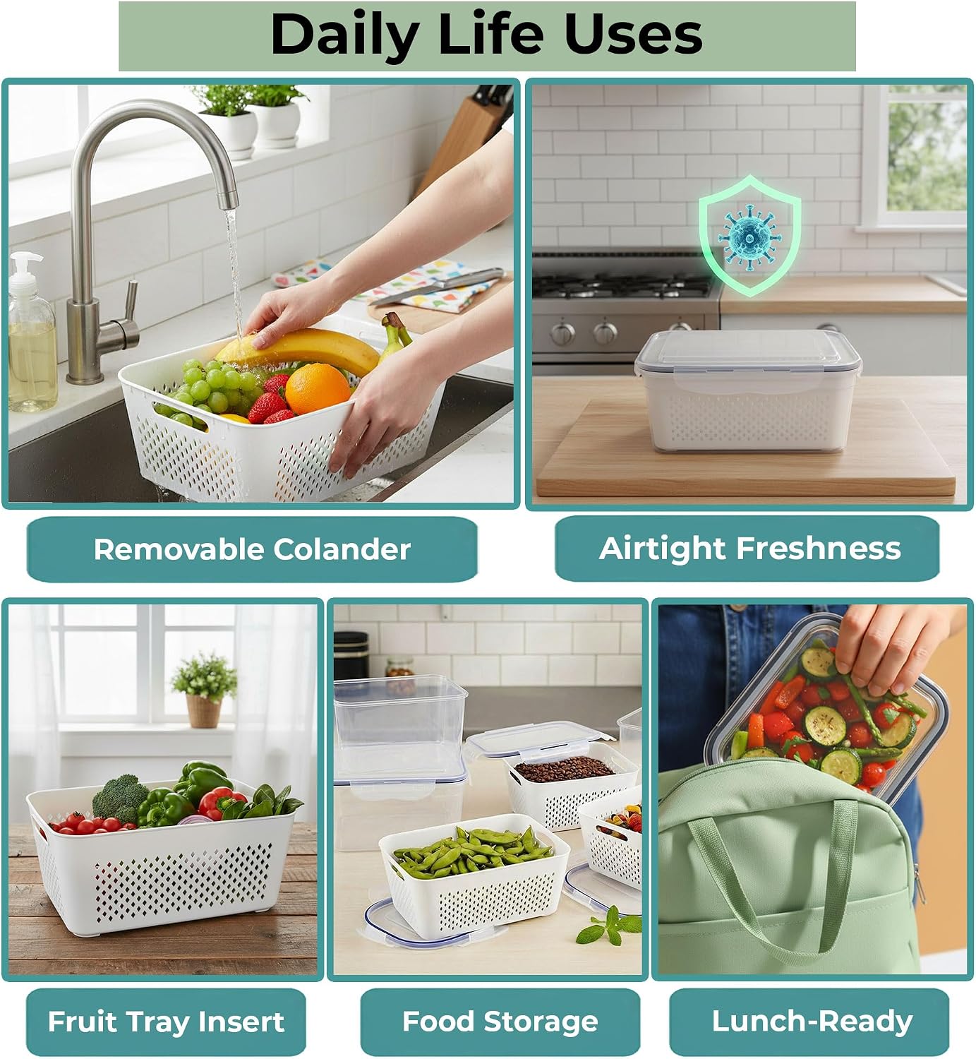 5 Pack Large Fruit Storage Containers for Fridge with Removable Colander | Plastic Food Storage Containers with Lids Airtight-Leak Proof Refrigerator Organizers and Storage of Vegetable