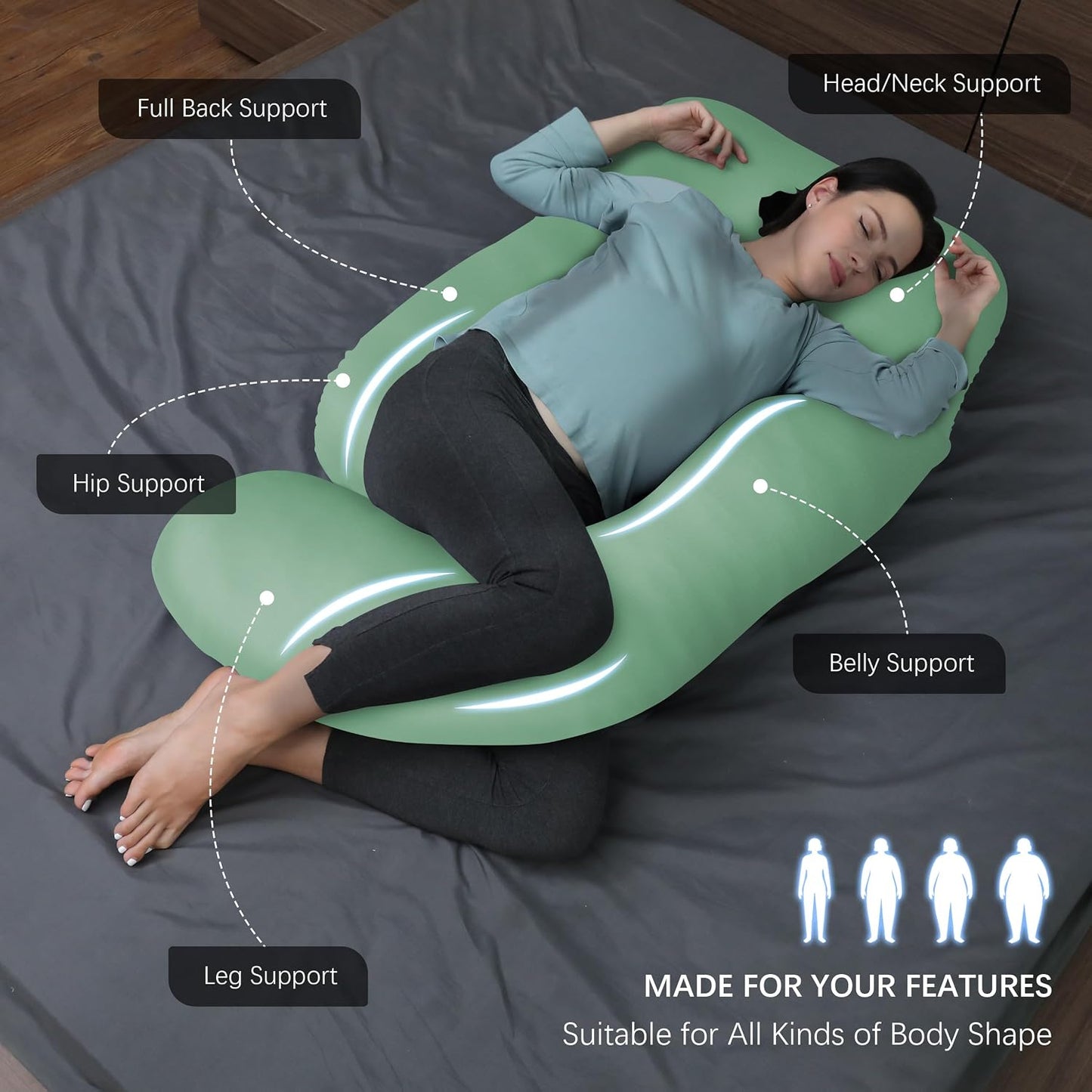 MOON PARK Pregnancy Pillows for Sleeping - 57 Inch U Shaped Full Body Maternity Pillow with Removable Cover - Support for Back, Legs, Belly, Hips - Pregnancy Pillow for Women - Grey