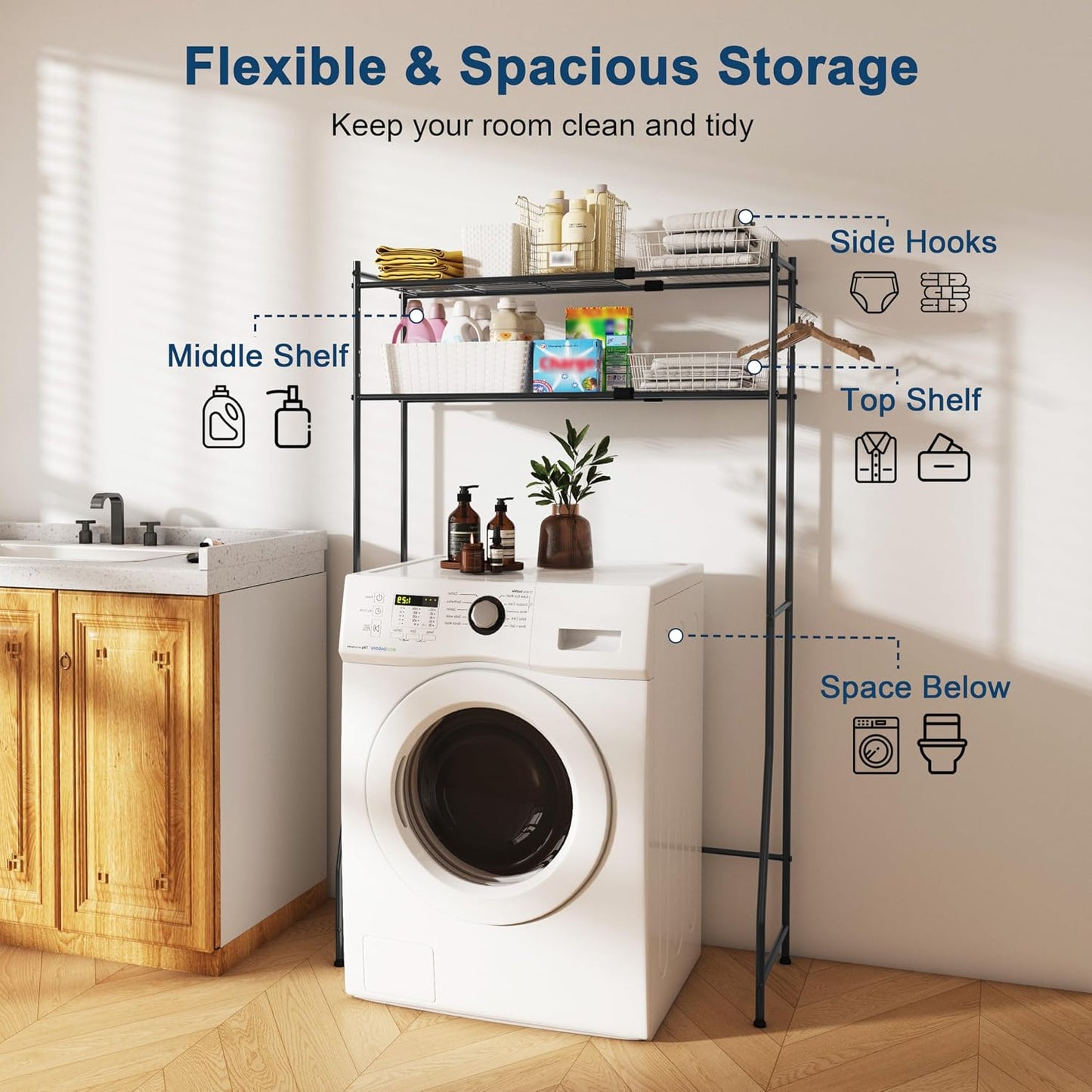 Laundry Room Storage Shelf & Organizer, 2 Tier Metal Over Washer and Dryer Shelves, Washing Machine Shelf with Hanger Rod, Expandable Bathroom Space Saver Shelf, 26–37" L x 15.8" W x 59.5" H, Black