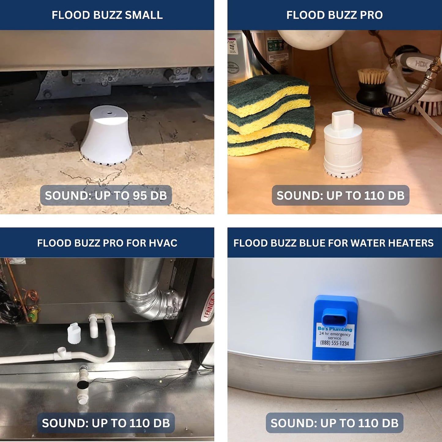 Flood Buzz Pro Water Leak Detectors for Homes & Businesses - 4-Pack | No Setup Required - 110db alarm - Under Sink, Toilet, Basement, Attic, RV, Water Heater, Dishwasher - Reusable Alarm