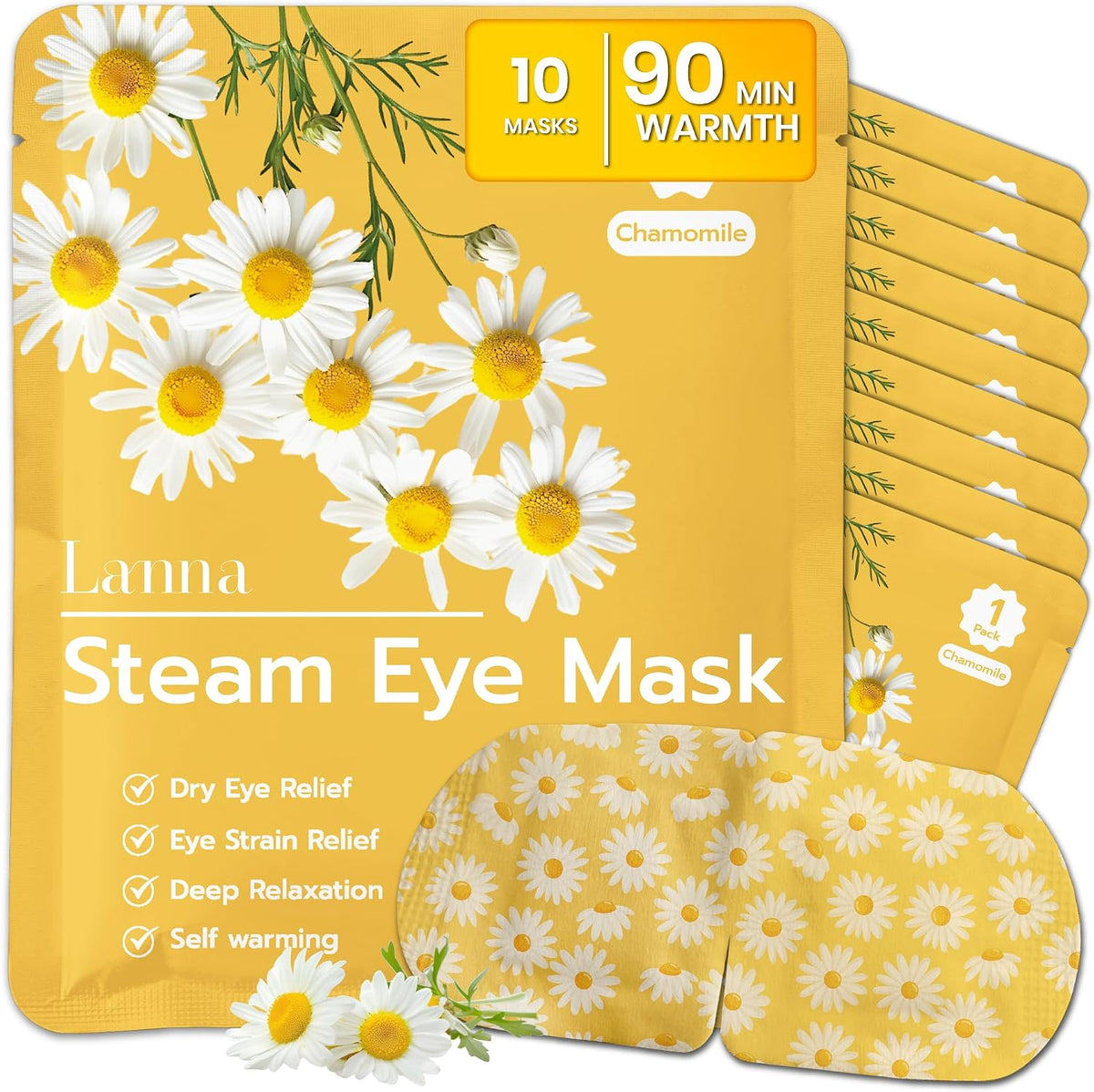 LANNA Heated Steam Eye Mask, Disposable 120 Minutes Chamomile Scent 10 Pcs