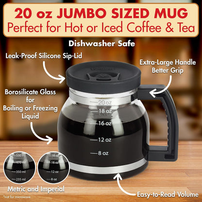 Funwares Cupa Joe Gift Set, 20 oz Glass Coffee Mug + Electric Mug Warmer | Keeps Coffee Hot All Day, One-Touch Warmer with Auto Shut-Off, Spill-Proof Lid, Borosilicate Glass, Desk & Office Gift