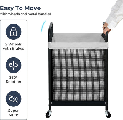 STO STO Laundry Hamper 2 Section, 100L Rolling Laundry Sorter Cart with Removable and Washable Liner Bag, Clothes Hamper with Wheels and Metal Handle for Laundry Room and Bedroom