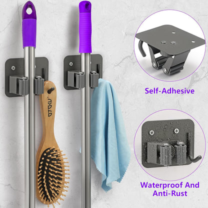 Stainless Steel Broom Holder, Heavy Duty, Rust Resistant, 4 Gripper Positions with 4 Hooks, Black | Drill-Mounted Gripper Rack Holds Brooms, Mops and Garden Tools Safely in the Laundry Room, Kitchen, Garage, Garden and Shed