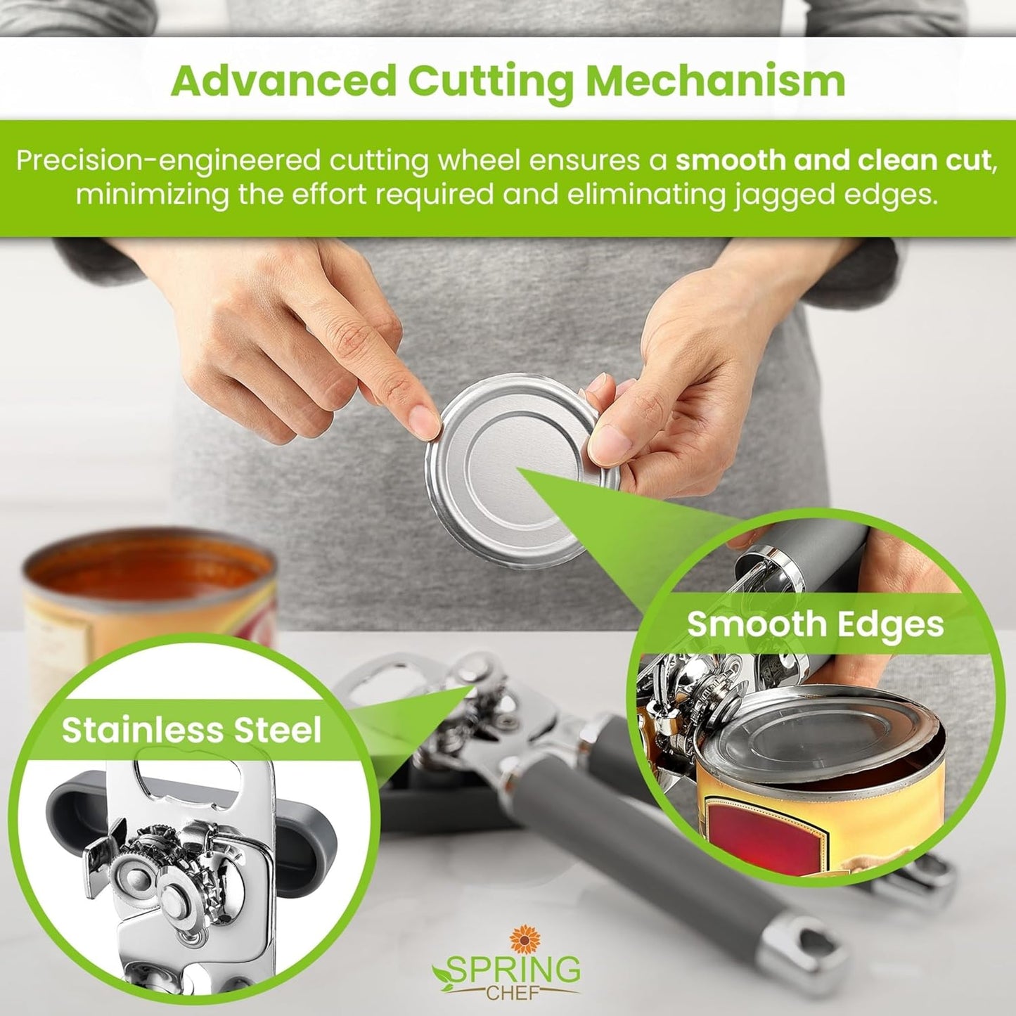 Spring Chef Stainless Steel Manual Can Opener with Soft Grip Handles, Black | Heavy Duty Hand Can Opener for Seniors with Smooth Edge, Easy Turn, 3in1 Can Opener with Magnetic Lid Remover & Bottle Opener