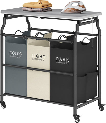 Hoctieon 3 Section Laundry Sorter with Iorning Board, Laundry Hamper, Black | Lockable Wheels, Laundry Basket Organizer with Wheels, Heavy Duty Clothes Organizer, Large Clothes Separator, Removable Bags