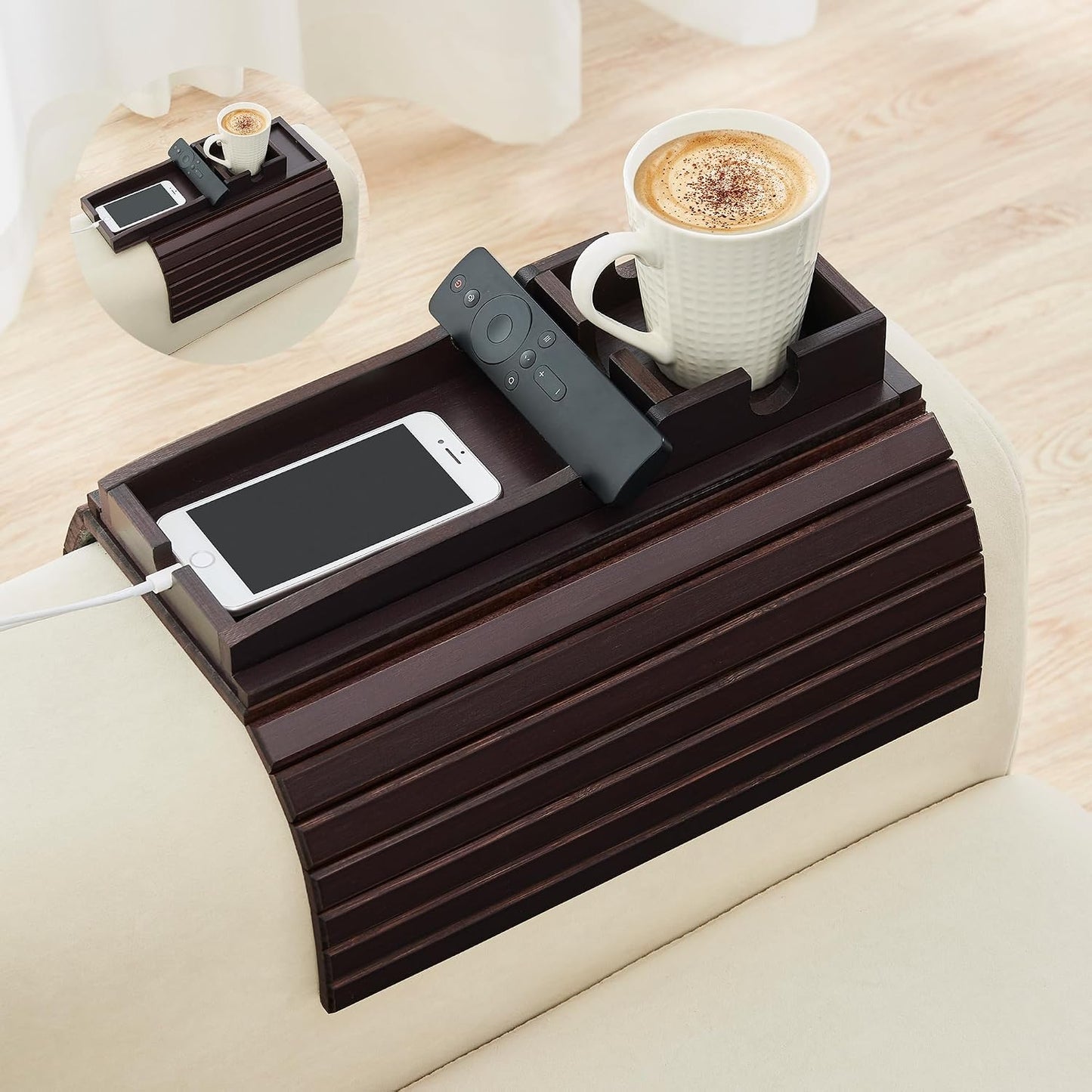 GEHE Couch Cup Holder, Anti Falling Sofa Arm Tray, Natural Bamboo Sofa Cup Holder More Safe for Your Family, Portable Couch Arm Tray Armrest Table for Remote, Snacks, Drinks