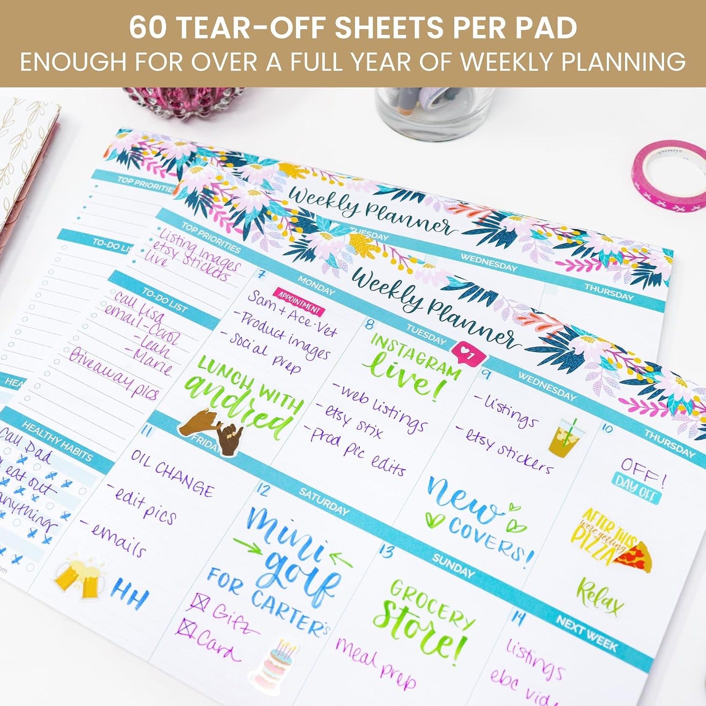 bloom daily planners Horizontal Weekly Magnetic Meal Planning Pad for Fridge with Tear-Off Grocery Shopping List - Hanging Food/Menu Organizer Notepad with Magnets - 8.5” x 11” - Lemons