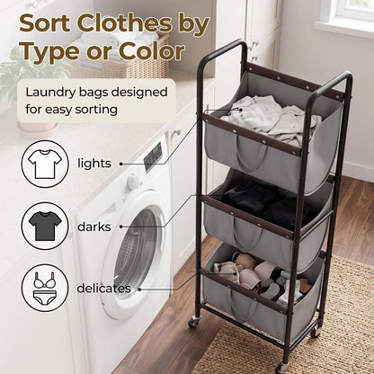 GRANNY SAYS 3 Tiered Laundry Sorter, Narrow Hamper Cart with Wheels | Sturdy 3 Section Laundry Basket with Wheels, Vertical Beige Hamper Cart for Bedroom, Bathroom, Apartment