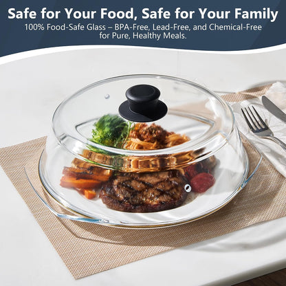 Glass Microwave Splatter Cover for Food Plates & Cookware with Oven Mitts, Borosilicate Glass Splatter Lid Guard with Vent Hole & Easy Grip Silicone Handle, 100% BPA Free & Dishwasher Safe