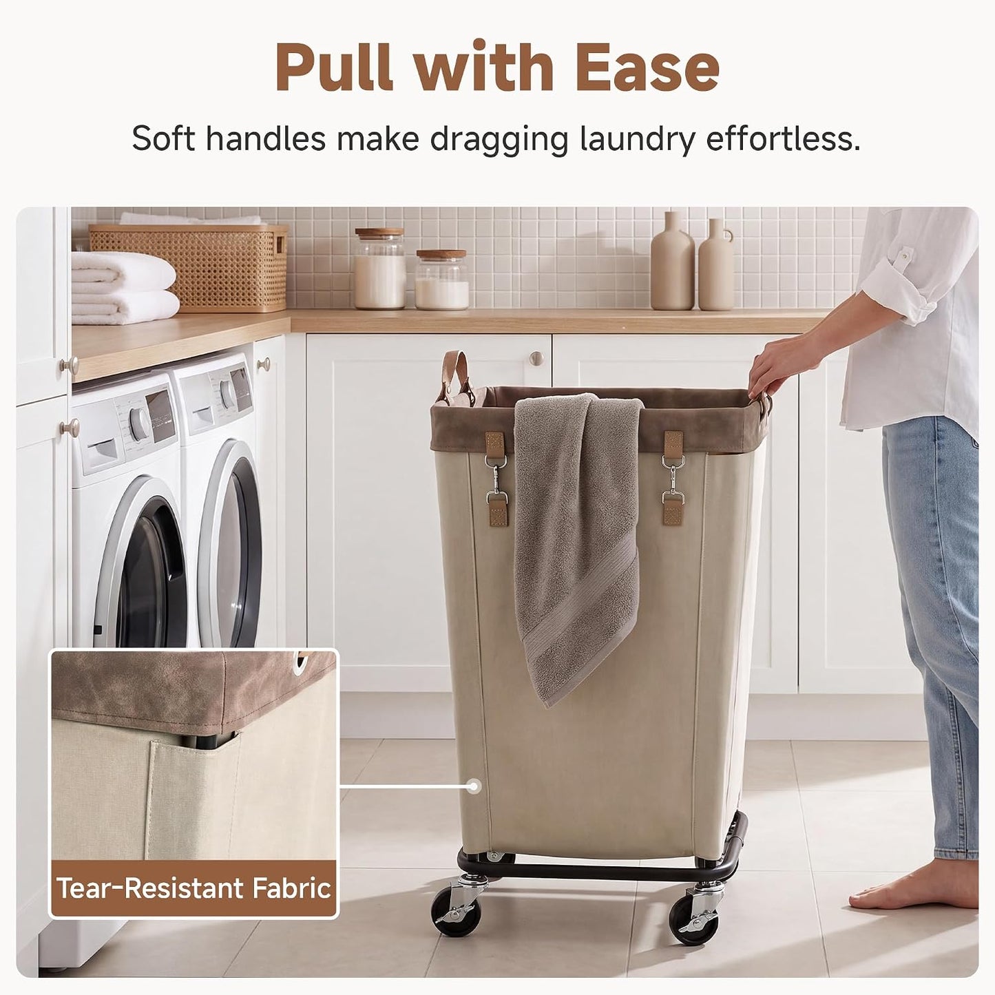 StorageWorks 160L Laundry Basket with Wheels, Rolling Hampers for Clothing | Beige Laundry Basket with Wheels, Metal Frame & Handles, Rolling Hamper for Bedroom, Bathroom, Dorm, Hotel