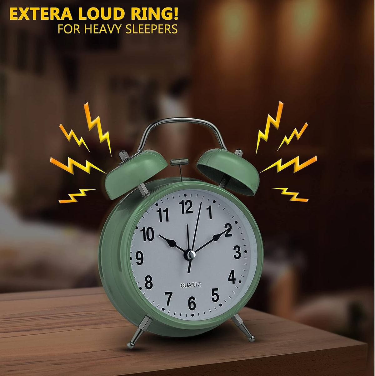 Bernhard Products Analog Alarm Clock 4" Twin Bell Vintage Navy Blue Silent Non-Ticking Quartz Battery Operated Extra Loud with Backlight for Bedside Table Desk, Retro Old Fashioned for Heavy Sleepers