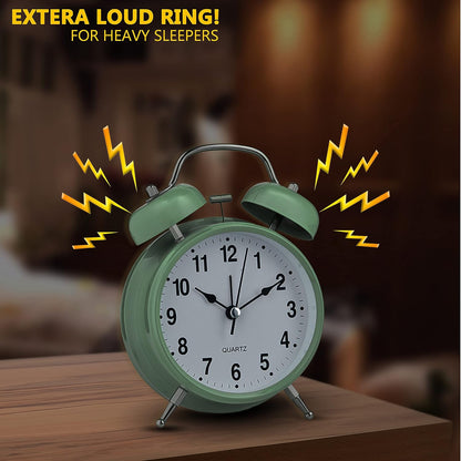 Bernhard Products Analog Alarm Clock 4" Twin Bell Vintage Navy Blue Silent Non-Ticking Quartz Battery Operated Extra Loud with Backlight for Bedside Table Desk, Retro Old Fashioned for Heavy Sleepers