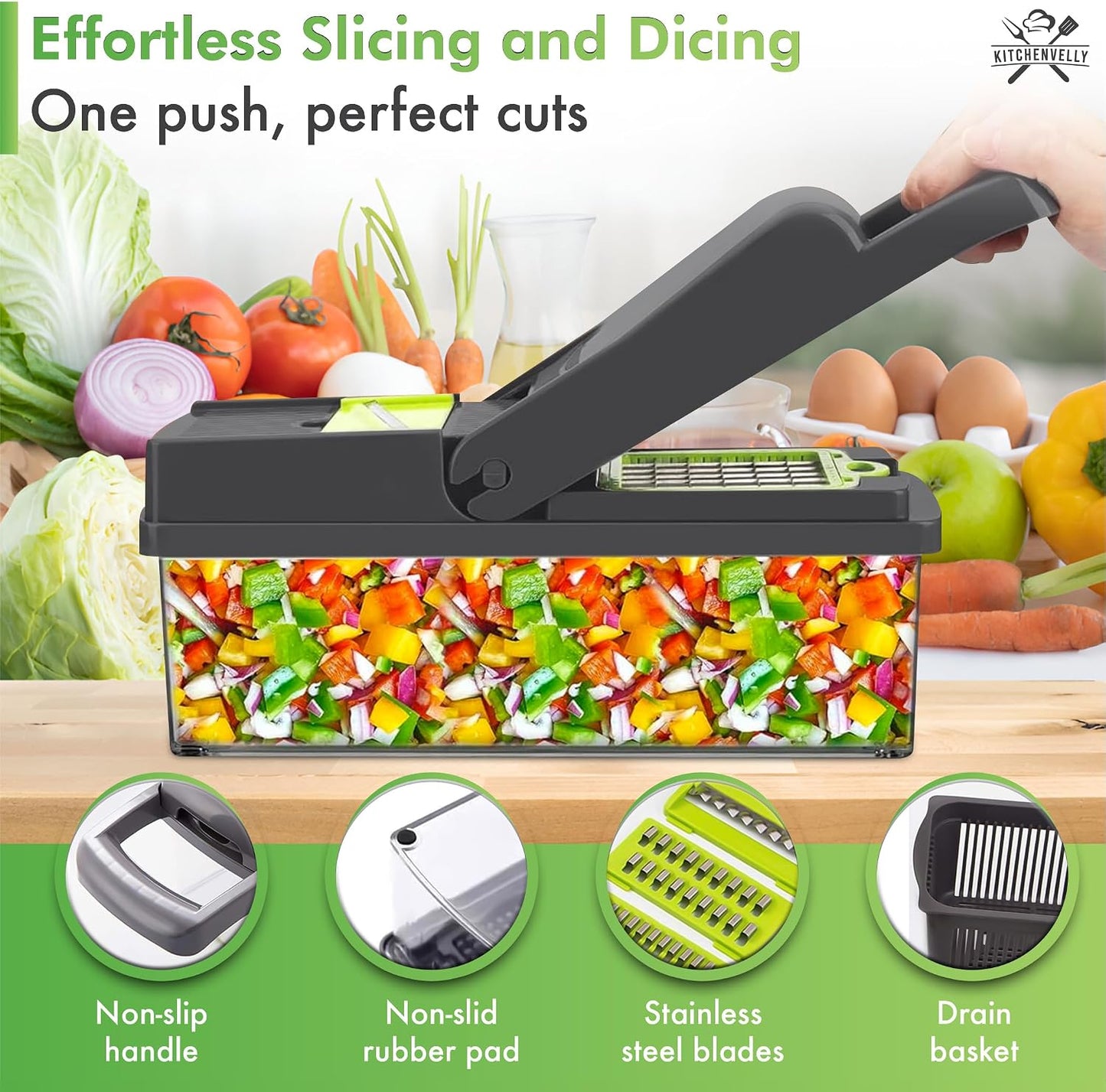 Vegetable Chopper 16 in 1 with Container, Veggie Chopper Food Chopper and Dicer, Onion Chopper Vegetable Cutter with 8 Stainless Steel Blades, Easy Meal Prep Kitchen Tool, Green