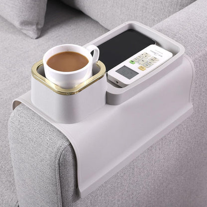 HMASYO Couch Cup Holder Tray – Weighted Silicone Sofa Armrest Organizer Table with Anti-Spill Coaster, Easy Reach for Drink, Snacks, Remote & Phone, Non-Slip Base, Easy Clean