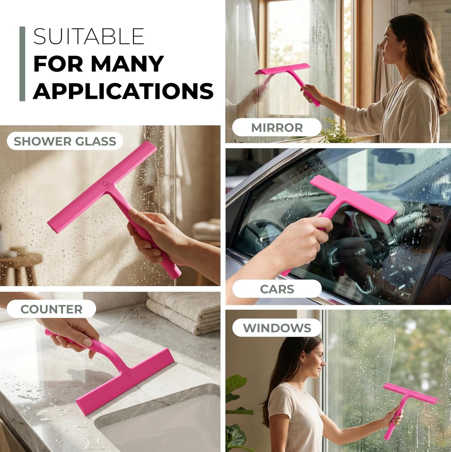 Silicone Shower Squeegee with 3-in-1 No-Drill Mount, Black, 9'' | Squeegee for Glass Doors & Mirrors with Stainless Steel Core, Streak-Free & No-Squeak Window Cleaning, Hook/Suction/Adhesive