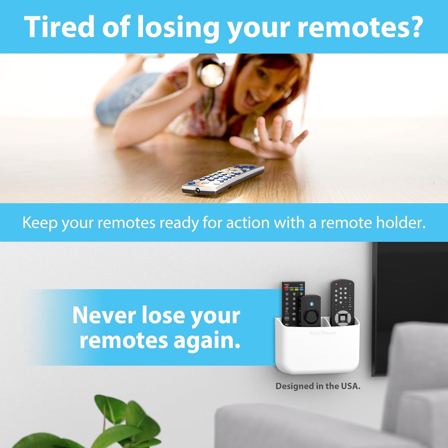 TotalMount Drop-Free Remote Holder – Removable Adhesive Strips – XL Black | Designed in the USA – Simply Put the Remotes In – No Tricky Magnet Alignment Needed (Holds 3 or 4 Remote Controls)