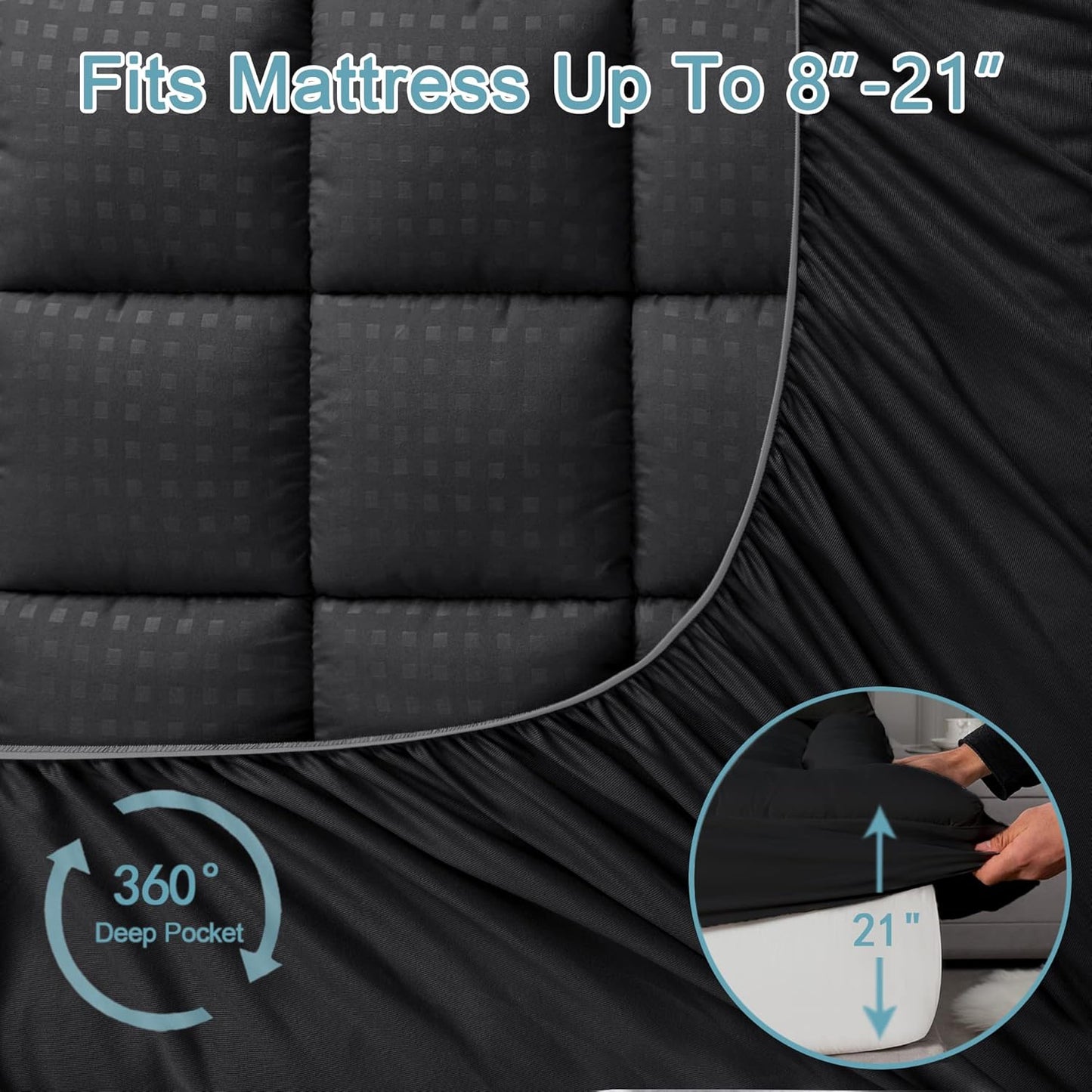 HYLEORY Queen Mattress Pad Quilted Fitted Mattress Protector Cooling Pillow Top Mattress Cover Breathable Fluffy Soft Mattress Topper with 8-21" Deep Pocket, Dark Grey