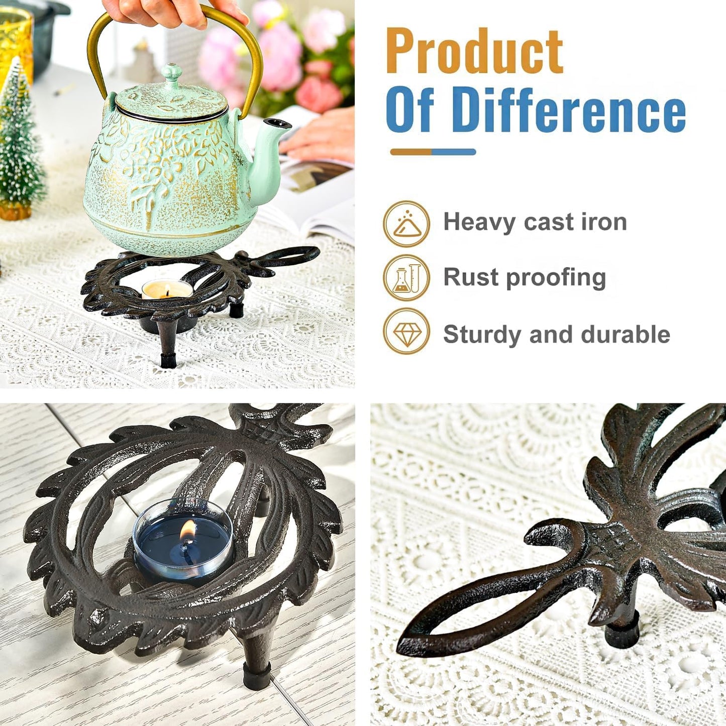Sungmor Cast Iron Teapot Warmer - Rustic Design with Tealight Holder | Heavy Duty & Decorative Candle Holder Stands for Heat Food Coffee Milk or Tea