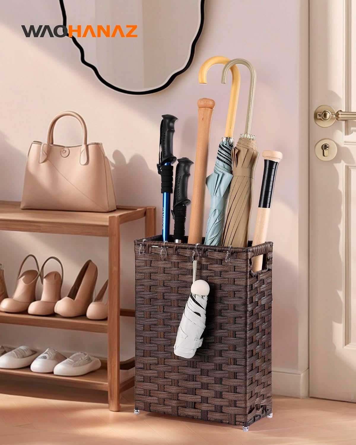 Rattan Umbrella Stand, Umbrella Holder for Entryway, Hand Woven Umbrella Rack Organizer Freestanding, with a Detachable Drip Tray, 4 Hooks, 11.8" L x 5.5" W x 16.5" H, Natural