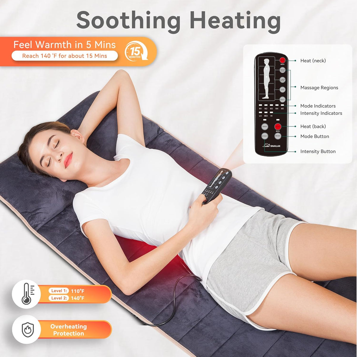 Snailax Memory Foam Massage Mat with Heat, 10 Vibrating Motors Full Body Massager Pad for Back Pain Relief, 6 Heating Pads for Neck, Lumbar, and Leg - Gifts for Mom