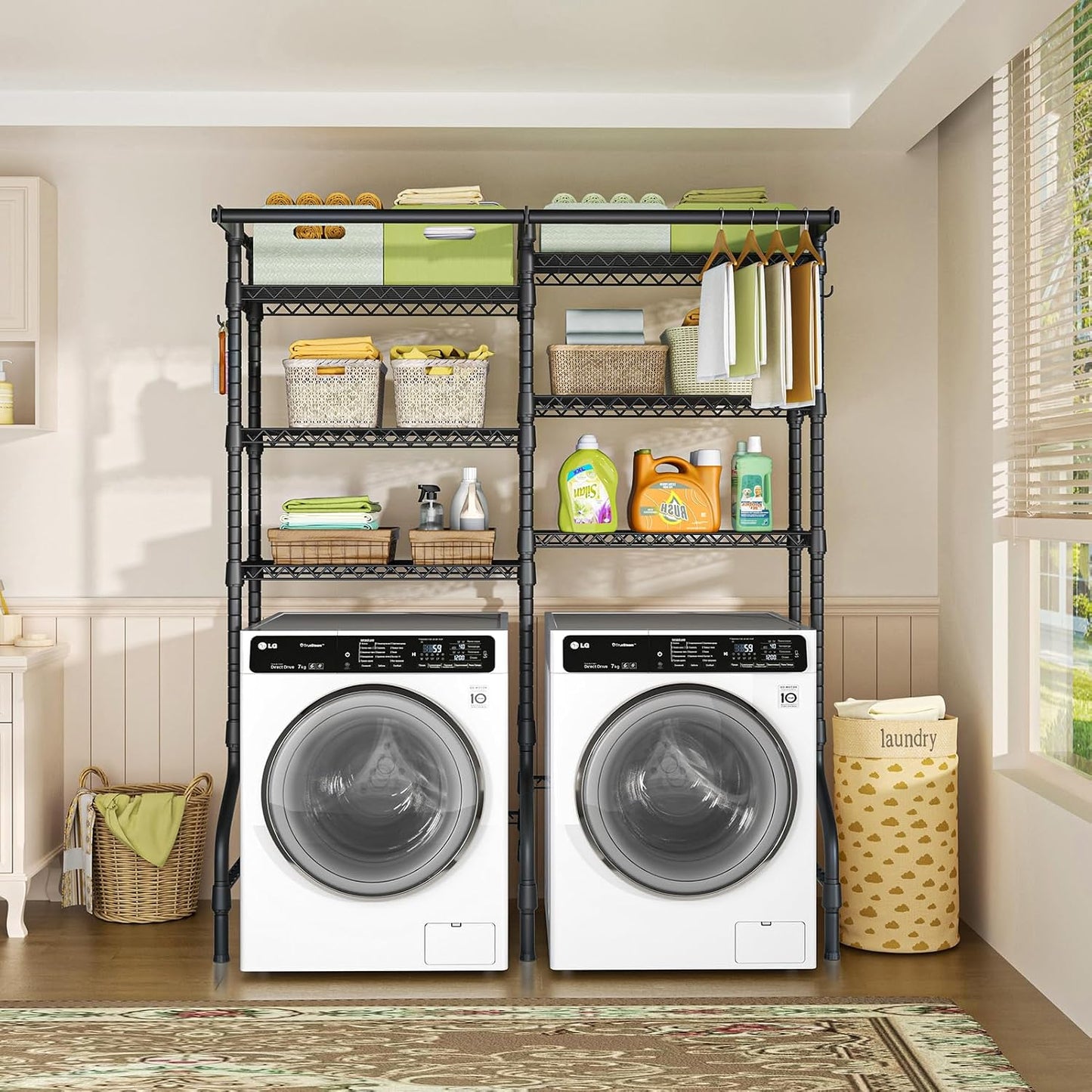U13 Medium Over Washer and Dryer Storage Shelves, 6 Tiers Laundry Rack | Metal Clothes Drying Rack Space Saver with 2 Hanger Rods and Hooks, Laundry Room Standing Shelf Above Washer Dryer, White