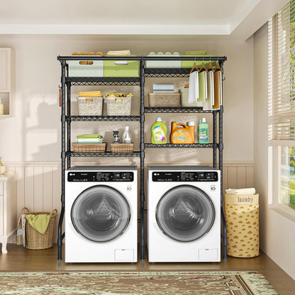 U13 Medium Over Washer and Dryer Storage Shelves, 6 Tiers Laundry Rack | Metal Clothes Drying Rack Space Saver with 2 Hanger Rods and Hooks, Laundry Room Standing Shelf Above Washer Dryer, White