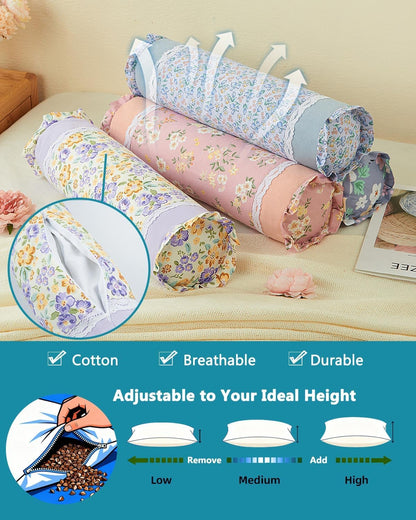 Buckwheat Cervical Pillow for Sleeping, Adjustable Roll Pillow for Neck Relief with Washable Pillowcase, Round Cylinder Bolster for Firm Support, 16x4 inch (Khaki)