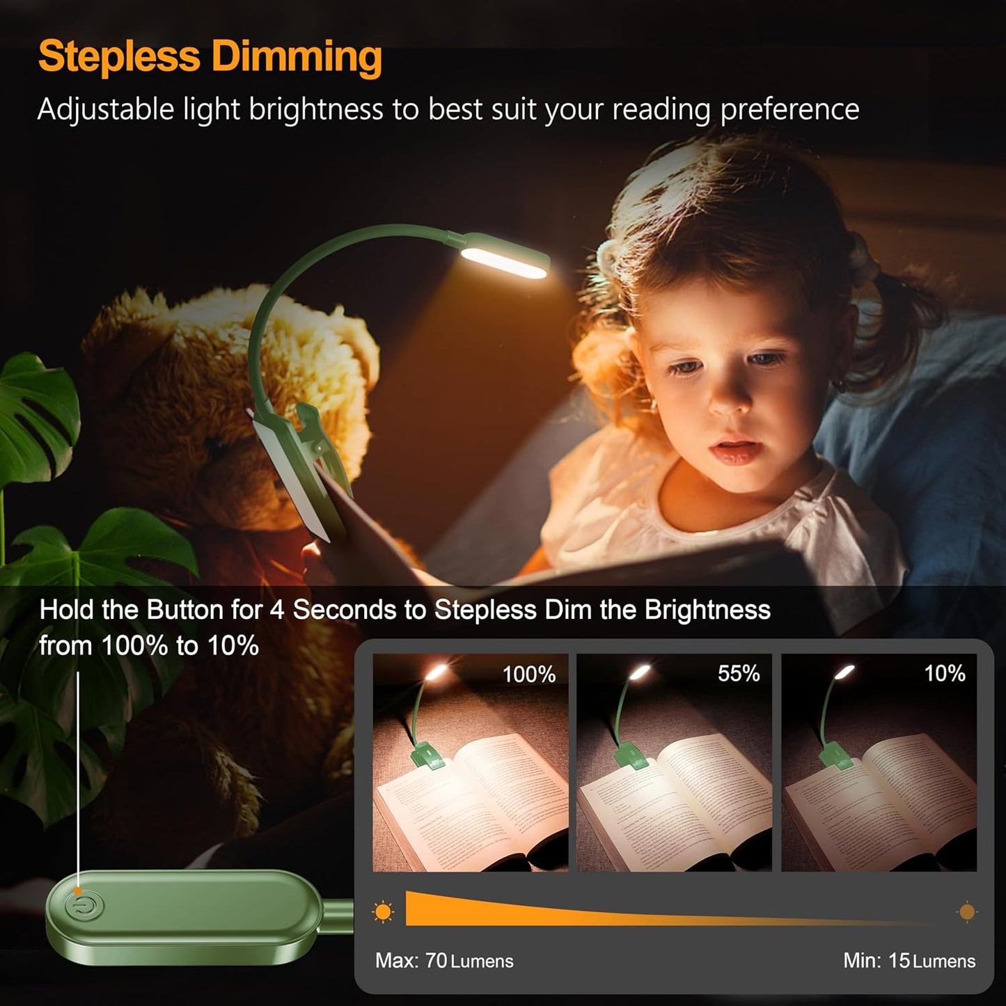 Gritin 16 LED Rechargeable Book Light for Reading in Bed | Eye Caring 3 Color Temperatures,Stepless Dimming Brightness,80 Hrs Runtime,Lightweight Flexible Clip on Light for Book Lovers