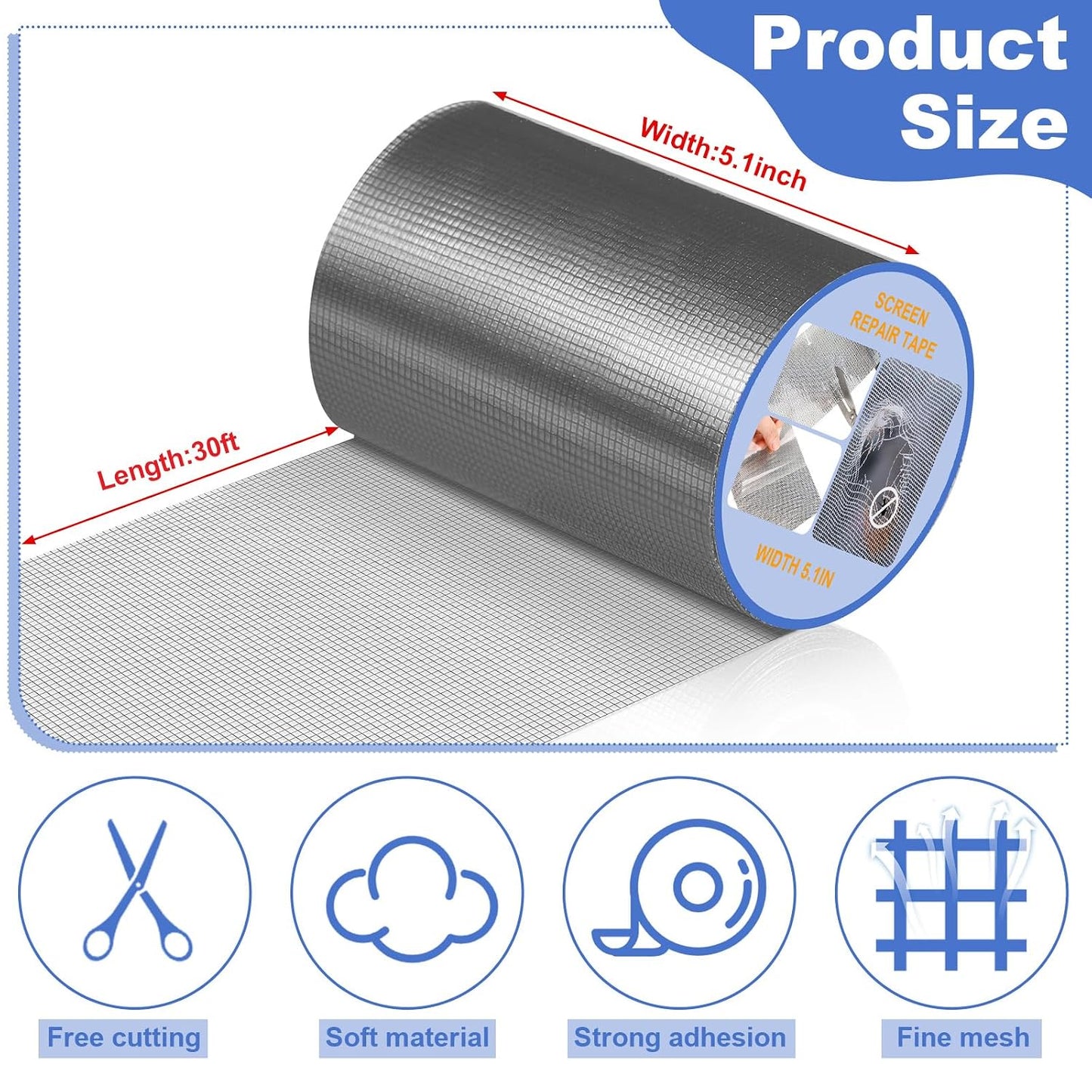CroBlissful 5 Inch X 20 ft Extra Wide Window Screen Tape Mesh Repair, Gray | Strong Adhesive, Waterproof Fiberglass, Screen Repair Kit Patch, for Window Door Tears Holes