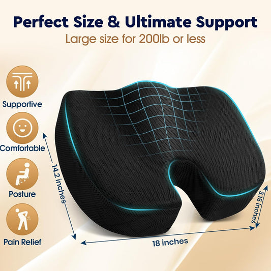 Seat Cushion - Memory Foam Sitting Pillow for Office Chair, Car Seat, Airplane, Bleacher - Sciatica & Hip & Coccyx Pain Relief Desk Chair Cushion for Long Sitting Office Workers, Car Drivers | for Car Seat, Airplane, Desk Chair - Sciatica & Hip & Coccyx