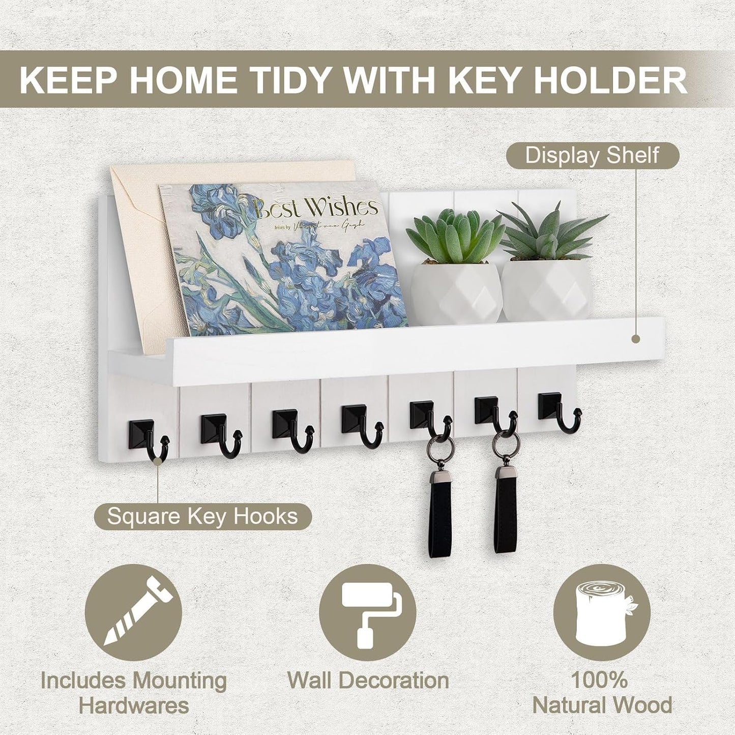 Key Holder for Wall, Decorative Key Holder with Shelf | Key and Mail Holder Wall Mount, Farmhouse Decor with 5 Key Hooks for Keys, Coats, ect.