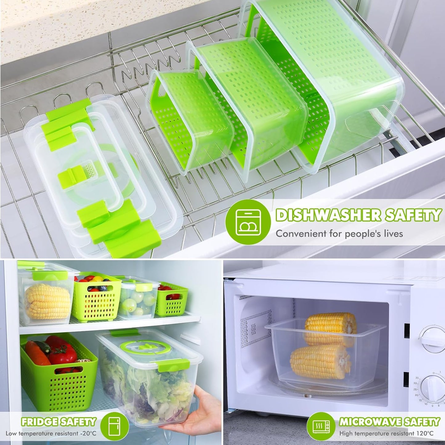 LUXEAR Produce containers for fridge,3 Set Fruit Containers with Removable Colander, BPA-Free Produce Saver Containers with Lids Dishwasher&Microwave Safe Keep Fruits, Vegetables, Berry, Fresh Longer