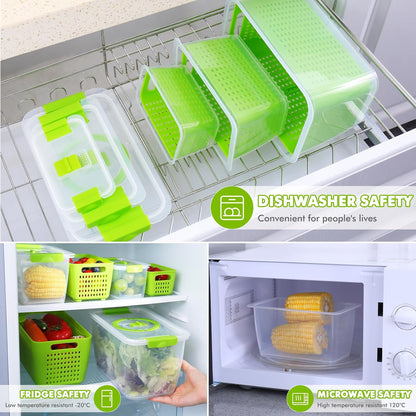 LUXEAR Produce containers for fridge,3 Set Fruit Containers with Removable Colander, BPA-Free Produce Saver Containers with Lids Dishwasher&Microwave Safe Keep Fruits, Vegetables, Berry, Fresh Longer