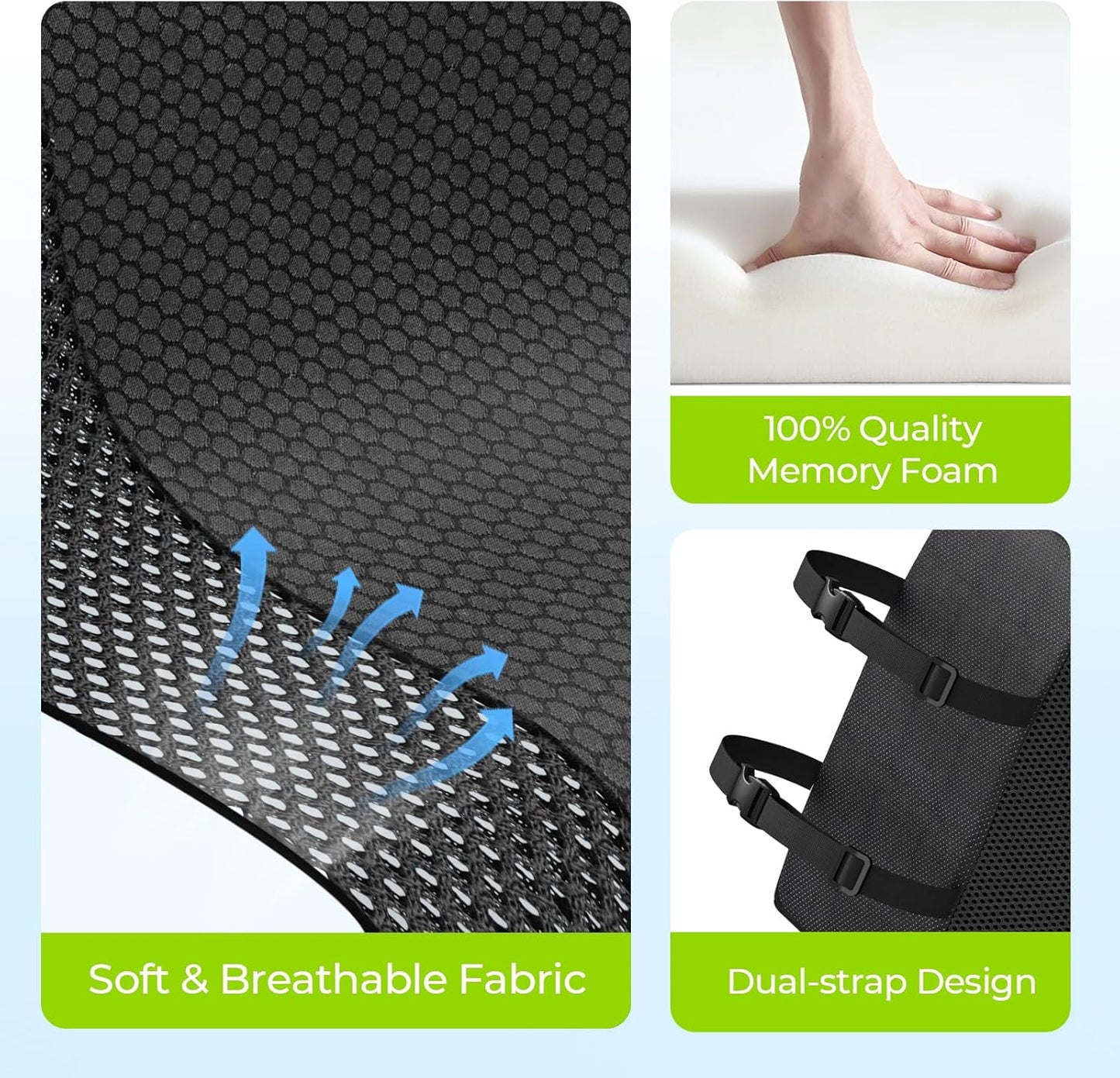 AUVON Office Lumbar Support Pillow with Patented Bulge for Back Support | Ergonomic Office Home Essentials Improve Posture, Memory Foam Chair Cushion for Home, Office, Car, Mesh Cover, Double Straps