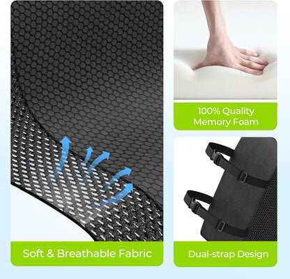 AUVON Office Lumbar Support Pillow with Patented Bulge for Back Support | Ergonomic Office Home Essentials Improve Posture, Memory Foam Chair Cushion for Home, Office, Car, Mesh Cover, Double Straps