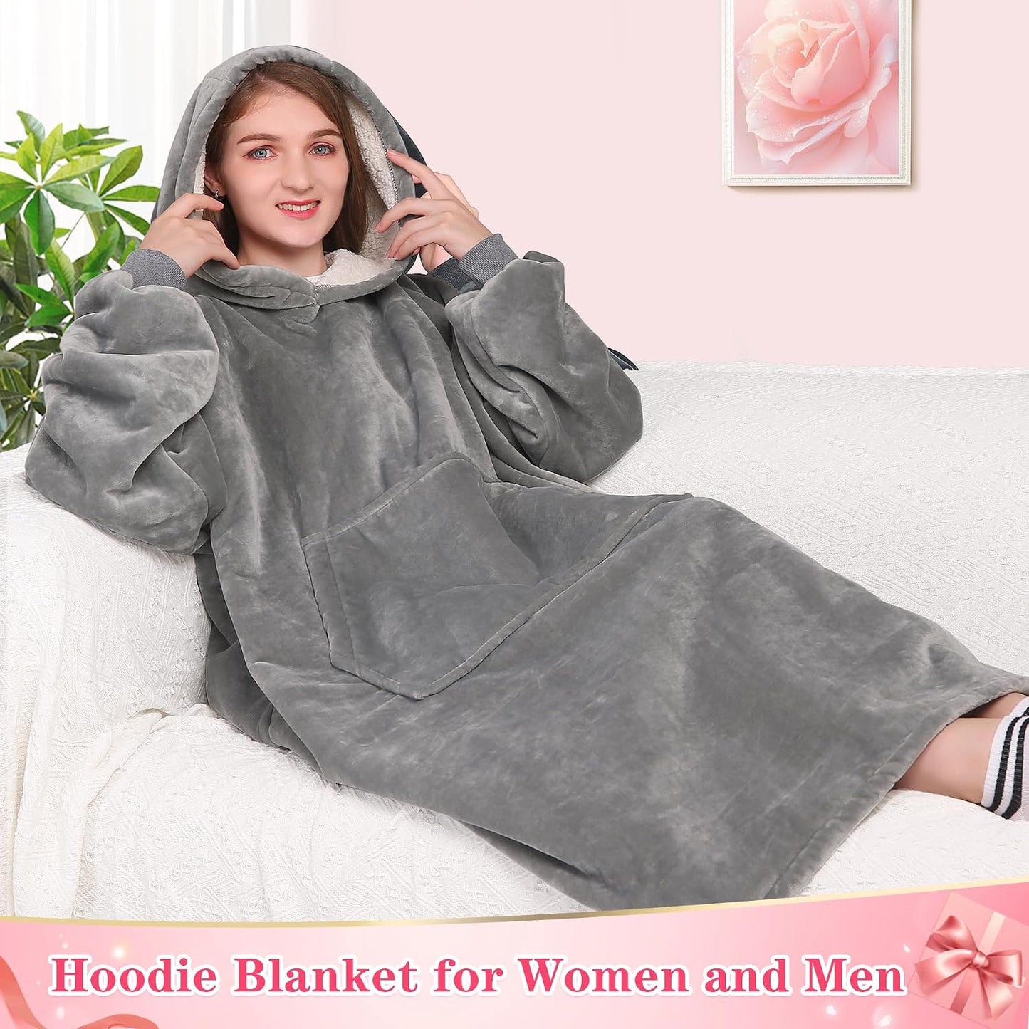 Wearable Blanket Sweatshirt Gifts for Women and Men, Warm and Cozy Giant Blanket Hoodie, Thick Flannel Blanket with Sleeves and Giant Pocket - Dark Gray