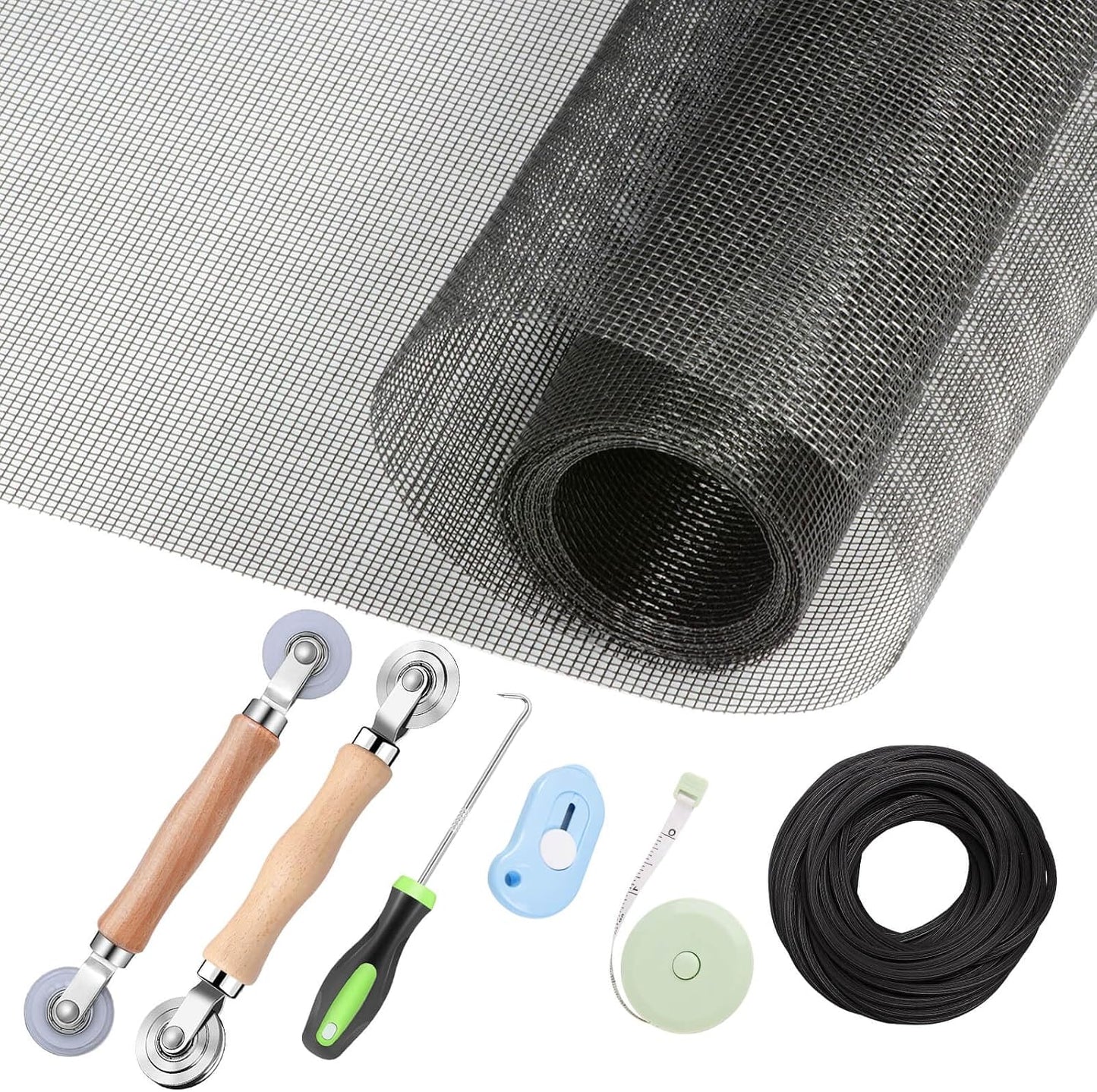 Windows Screen and Screen Door Repair Kit, 48"x118" Charcoal Fiberglass Mesh with Rolling Tool/Hook/Ruler/Cutter/Spline - Window Screen & Sliding Screen Door Replacement for Windows, TOOLTRIZ