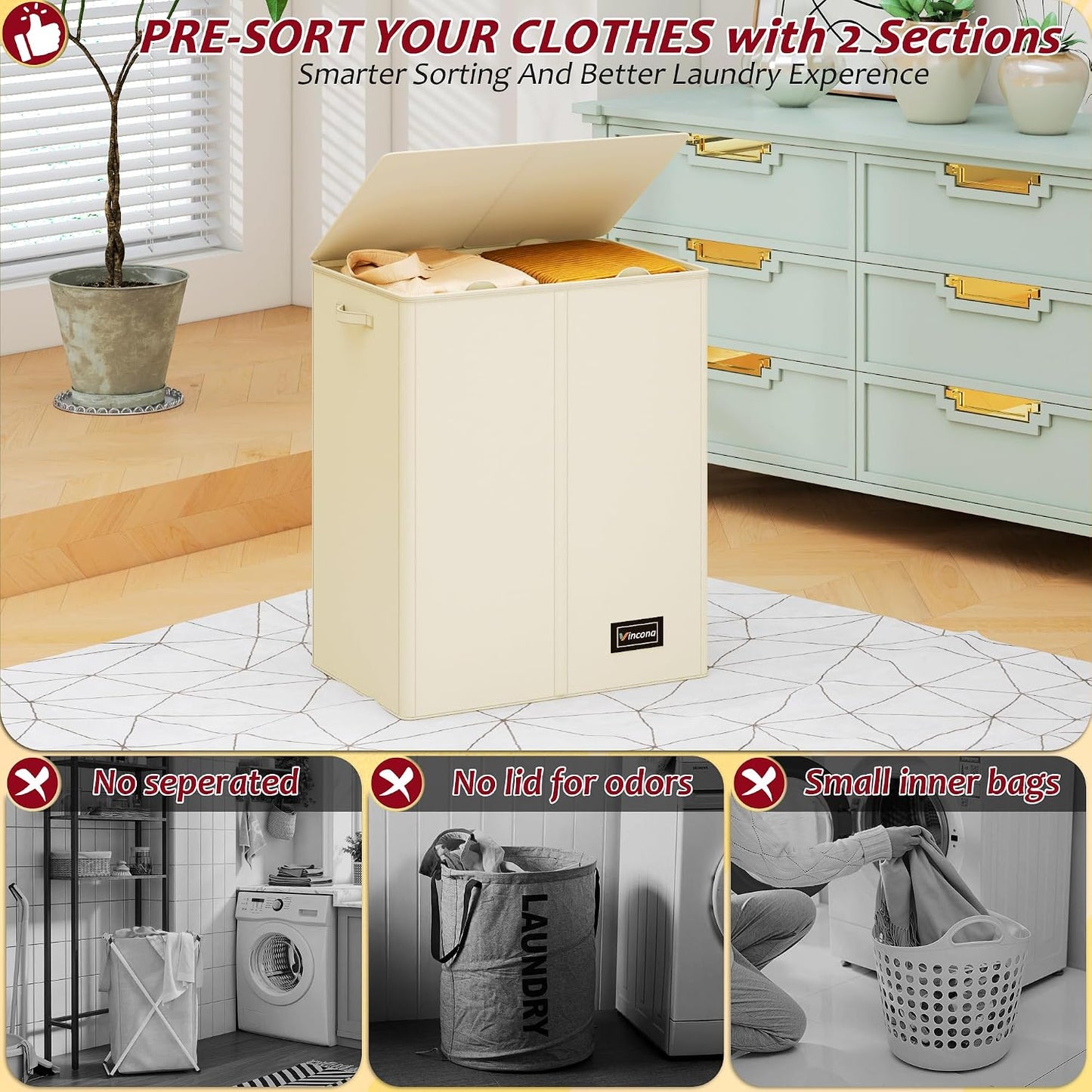 195L Laundry Hamper 3 Section,Large Laundry Hamper with Lid,Dirty Clothes Hamper with 3 Inner Bags,Collapsible Laundry Basket Organizer for Laundry Room,Bedroom,Laundry Sorter Hamper 3 Compartment