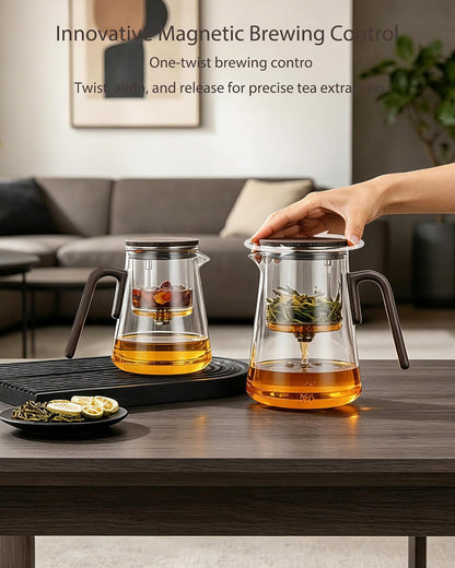 ZENS Magnetic Glass Infuser Teapot for Loose Tea, 27oz Walnut Wood Handle | Magic Teapot with Infuser, Echanted Tea Maker, Mess-Free Loose Leaf Tea Diffusers for Tea lover Gifts