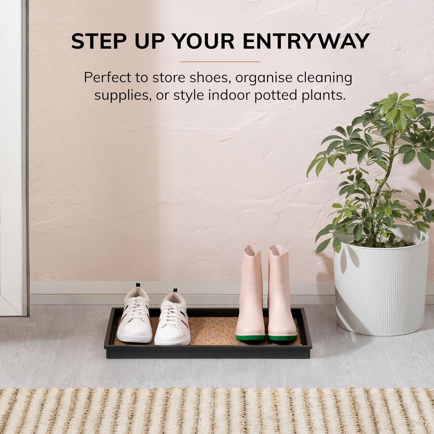 Anji Mountain Heavy Duty Waterproof Rubber Shoe Storage Mat Organizer/Boot Storage Tray Multi Use For Entryway with Coir, Tan Insert, Fits 2 Pair (24.5" Wide)