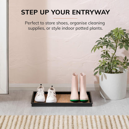 Anji Mountain Heavy Duty Waterproof Rubber Shoe Storage Mat Organizer/Boot Storage Tray Multi Use For Entryway with Coir, Tan Insert, Fits 2 Pair (24.5" Wide)