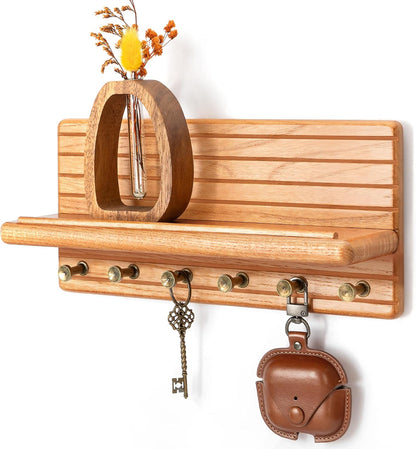 Rebee Vision Pine Wood Key Holder Wall Mount with Shelf for Entryway, Brown | 6 Key Hooks, Round Corner, Smooth&Hand-Friendly, Clear Wood Texture, Space-Saving Design, Organize Mail & Letter