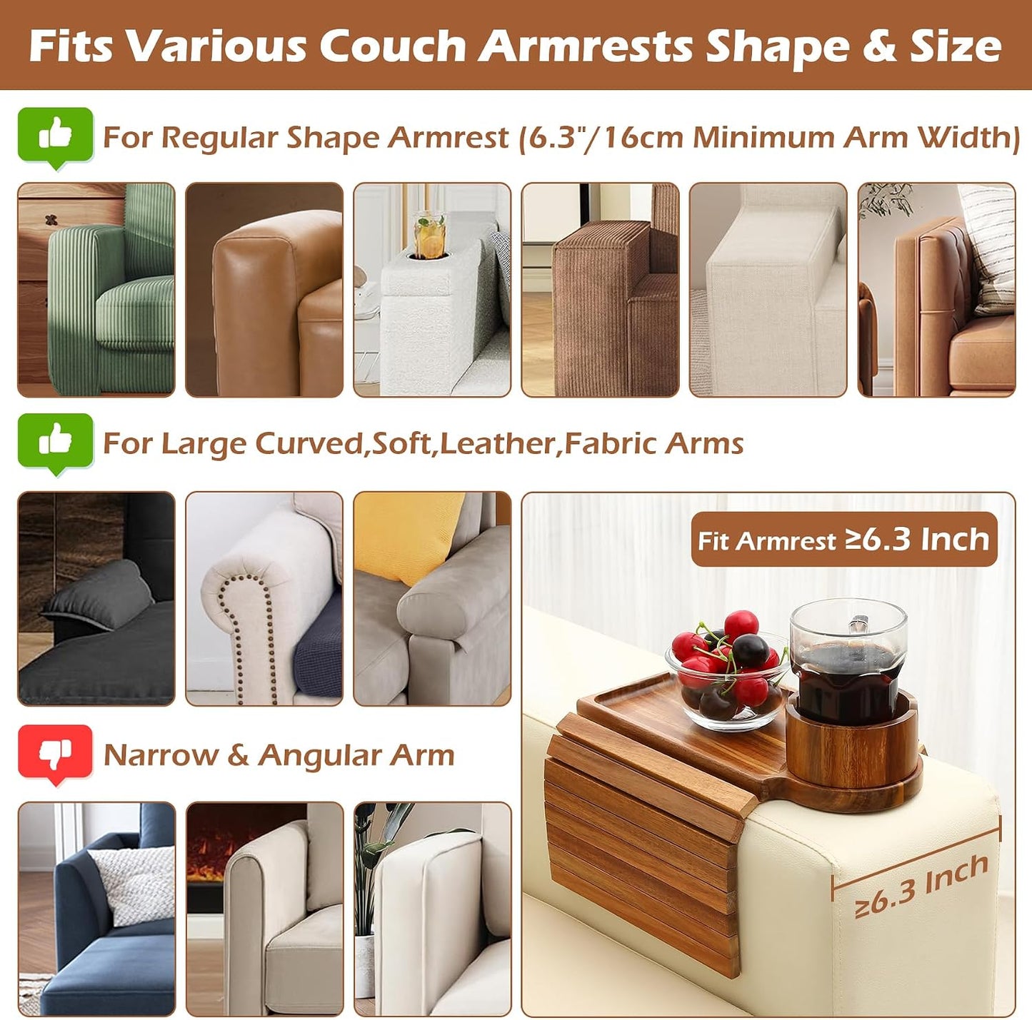 GHKINMAL Couch Cup Holder Tray, 3 in 1 Couch Arm Trays,Large Bamboo Chair Arm Rest Tray with 360° Cup Holder,Removable Anti-Slip Organizer for Snack Eating