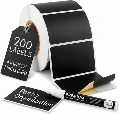 200 Chalkboard Labels for Food Containers, Reusable Black Stickers with Chalk Marker, Removable Pantry Chalk Board Jar Labels Stickers for Glass Jars, Storage Food Mason Jars, Kitchen Organization