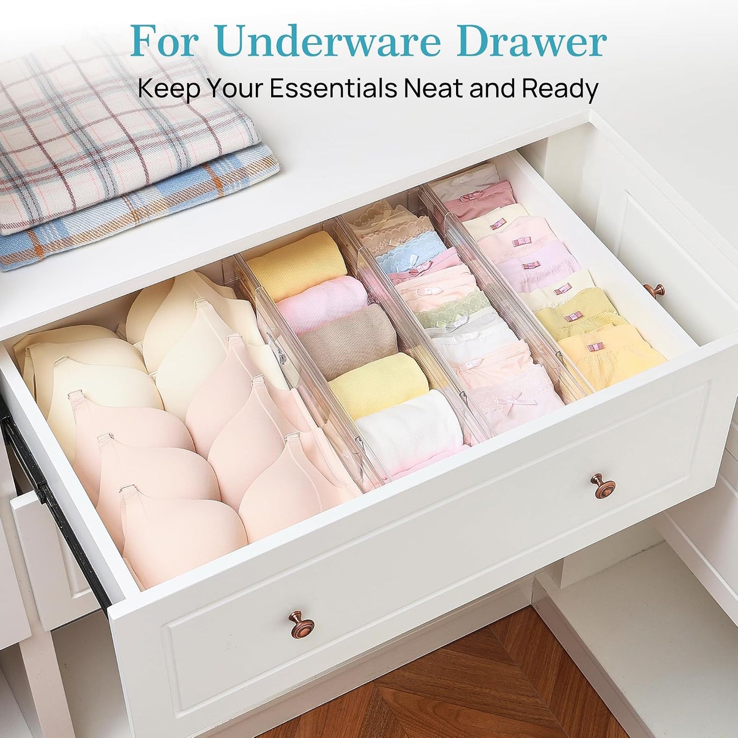 Vtopmart 2.36" Drawer Dividers with Expandable Inserts, 12.8"-22.3", 8 Pack | Adjustable Kitchen Drawer Organizer, Clear Organizer Separator for Flatware, Utensil, Cutlery, 8 Dividers with 14 Inserts